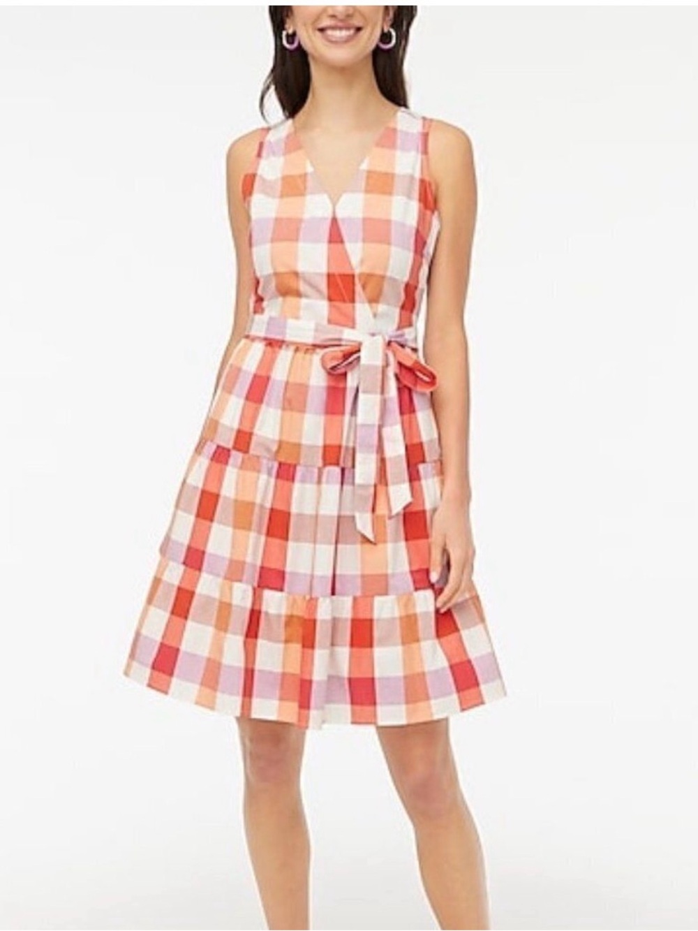 J. Crew Orange, Pink and White Gingham Wrap Mini Dress